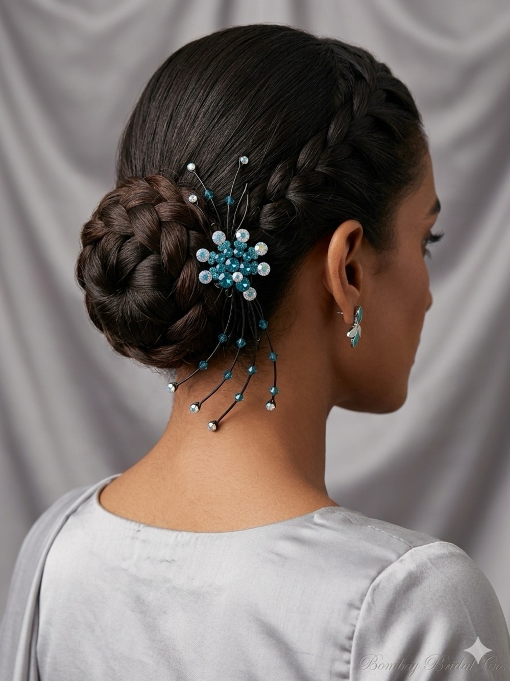 Bombay Teal Blue & AB Crystal Wedding Hairpiece, Indian Bridal Party Juda Pin